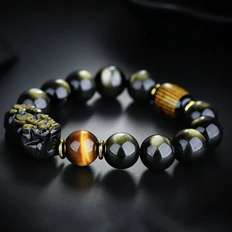 Gold Obsidian Pixiu Protection Rune Bracelet - Taoist Triple Guardian Array Evil Eye Defense