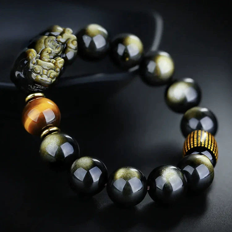 Gold Obsidian Pixiu Protection Rune Bracelet - Taoist Triple Guardian Array Evil Eye Defense