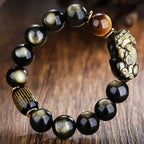 Gold Obsidian Pixiu Protection Rune Bracelet - Taoist Triple Guardian Array Evil Eye Defense