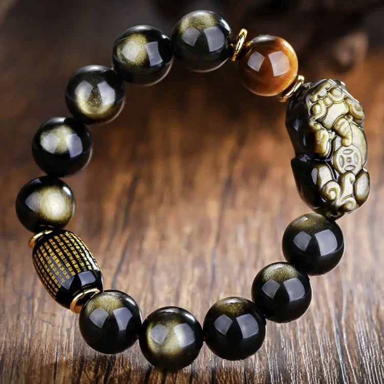 Gold Obsidian Pixiu Protection Rune Bracelet - Taoist Triple Guardian Array Evil Eye Defense