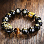 Gold Obsidian Pixiu Protection Rune Bracelet - Taoist Triple Guardian Array Evil Eye Defense