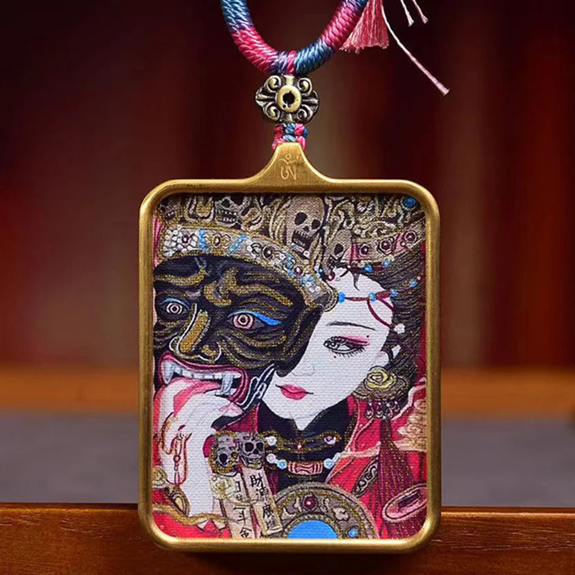 Tibetan Hand-Painted Dzambhala Past Life Thangka Amulet | Karma Wealth Deity Skull Dual Face Destiny Necklace