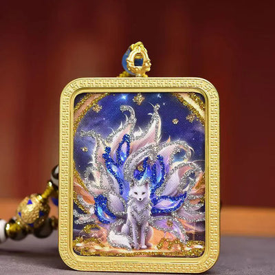 Tibetan Hand-Painted Nine-Tailed Fox Thangka Amulet | Love Wealth Attraction Agate Tiger Tooth Dzi Romance Necklace