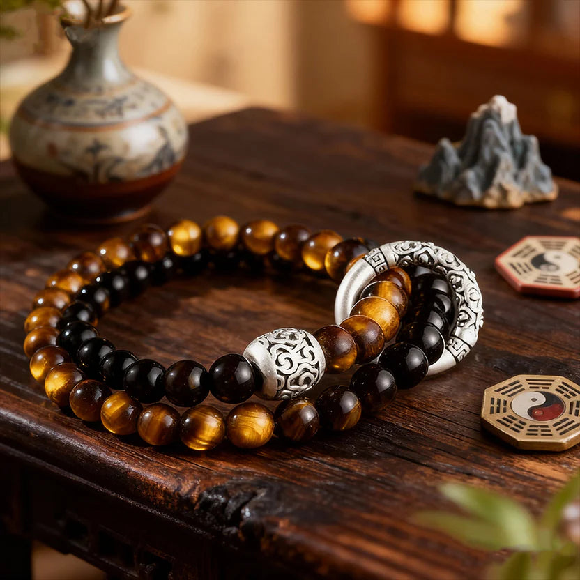 Dual Layer Protection Bracelet | Obsidian Tiger Eye Shield Defense Energy Guard