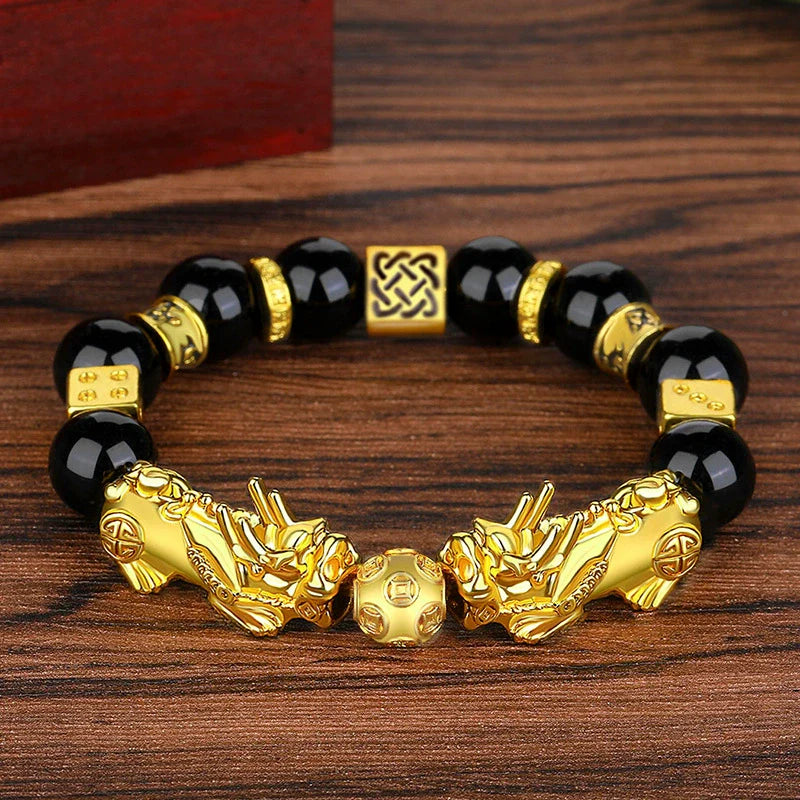 Black Obsidian Double Pixiu Bracelet | Wealth Attraction Fortune Bead Money Magnet Financial Prosperity Adjustable