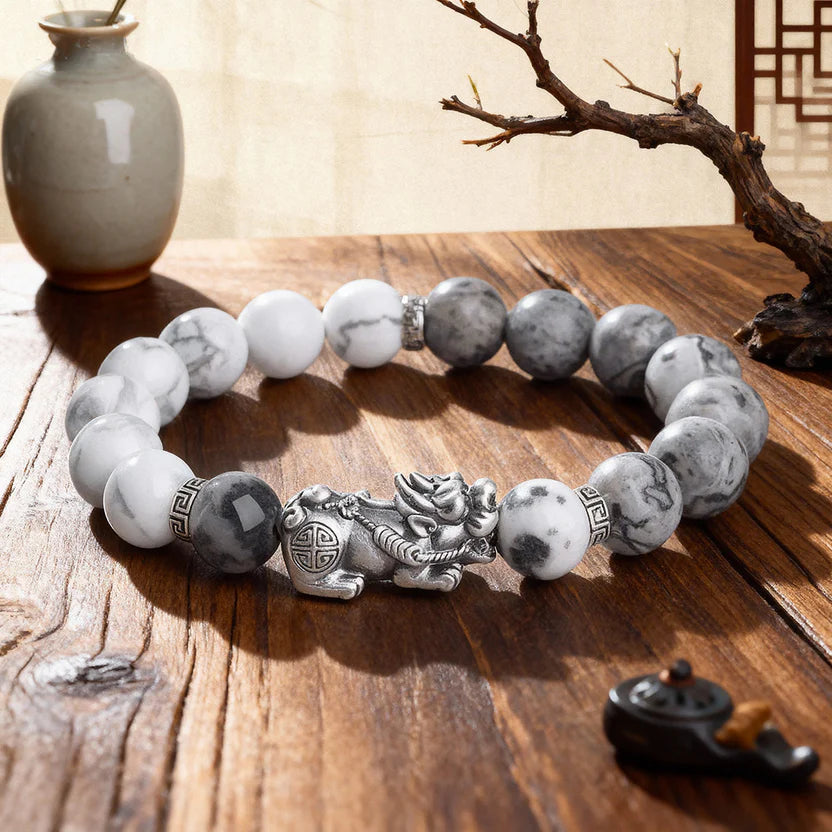 Natural Map Stone Pixiu White Jade Bracelet | Feng Shui Wealth Territory Fortune Blessing Adjustable