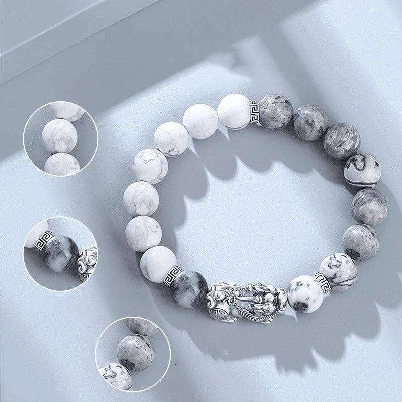 Natural Map Stone Pixiu White Jade Bracelet | Feng Shui Wealth Territory Fortune Blessing Adjustable