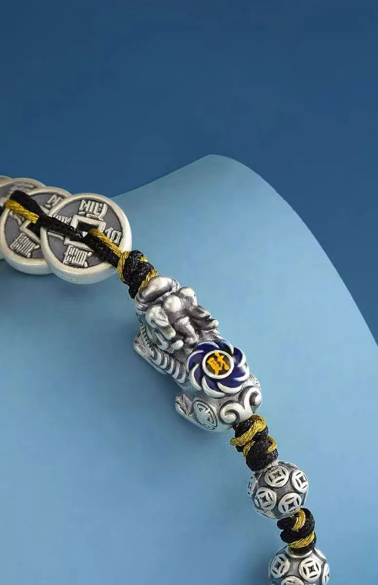 925 Sterling Silver Pixiu Bracelet | Feng Shui Wealth Attraction Chinese Coin Charm Handmade Adjustable