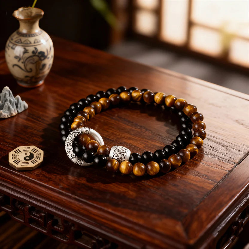 Dual Layer Protection Bracelet | Obsidian Tiger Eye Shield Defense Energy Guard
