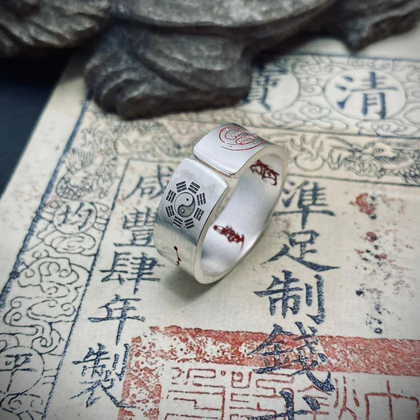 Daoist Supreme Protection Ring | Bagua Yin Yang Talisman Cinnabar Evil Banishment Fortune Jewelry