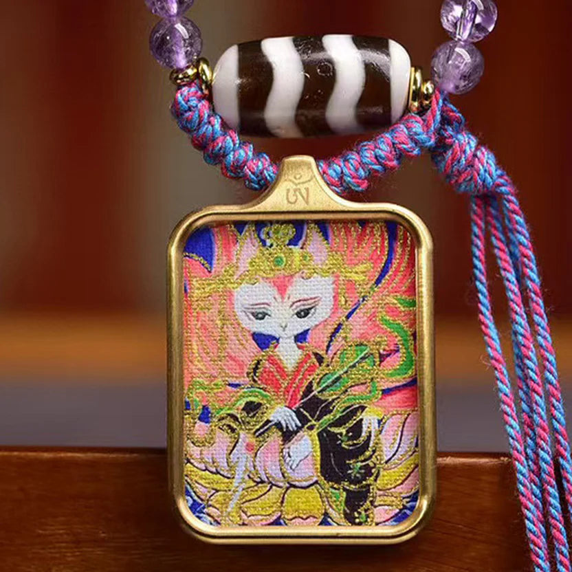 Tibetan White Nine-Tailed Fox Thangka Amulet | Amethyst Dzi Bead Love Attraction Soulmate Romance Necklace