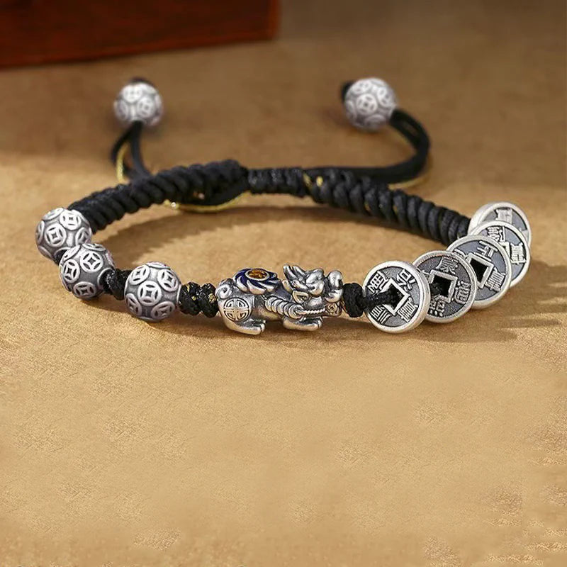 925 Sterling Silver Pixiu Bracelet | Feng Shui Wealth Attraction Chinese Coin Charm Handmade Adjustable
