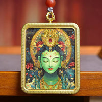 Tibetan Hand-Painted Green Tara Thangka Amulet | Women Protection Crystal Bone Bead Career Romance Blessing Necklace
