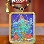 Tibetan Zodiac Guardian Green Tara Thangka Amulet | Dzi Turquoise Protection Bell Rabbit Dragon Snake Necklace