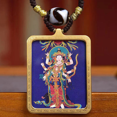 Tibetan Marici Deity Thangka Amulet | Dzi Bead Turquoise Travel Protection Safety Military Police Guardian Necklace