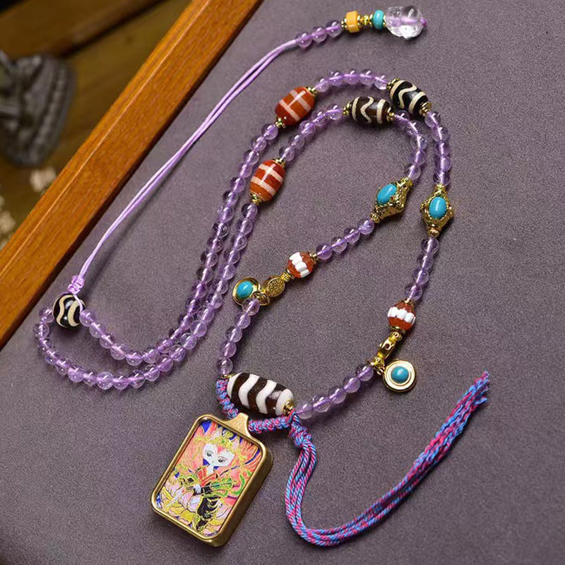 Tibetan White Nine-Tailed Fox Thangka Amulet | Amethyst Dzi Bead Love Attraction Soulmate Romance Necklace
