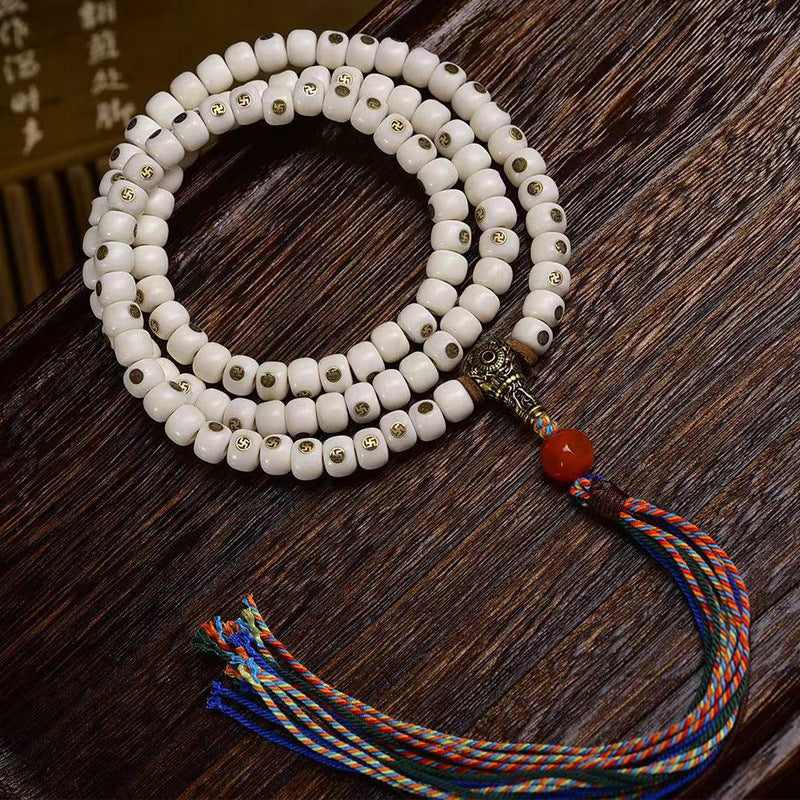 Tibetan Yak Bone 108 Prayer Beads Bracelet | Copper Inlay Meditation Mala Buddhist Spiritual Jewelry