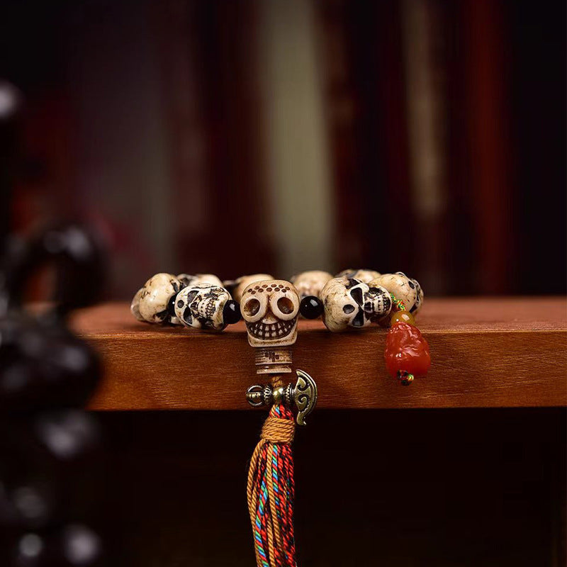 Tibetan Charnel Ground Skull Bracelet | Carved Bone Meditation Awakening Spiritual Buddhist Jewelry