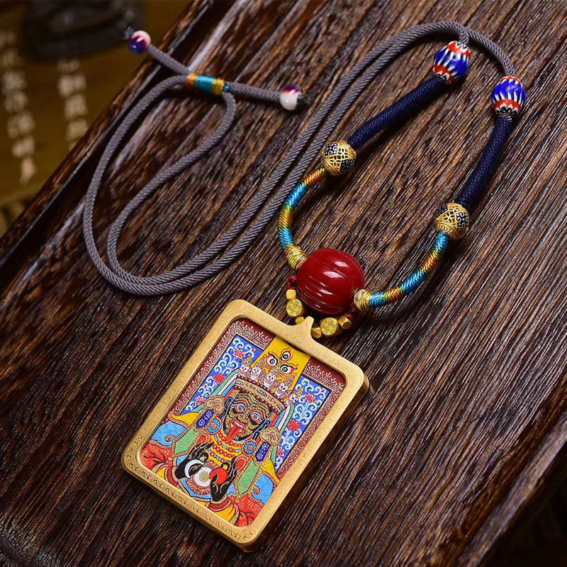 Tibetan Hand-Painted Dzambhala Thangka Amulet | Wealth Deity Agate Turquoise Career Prosperity Birth Year Necklace