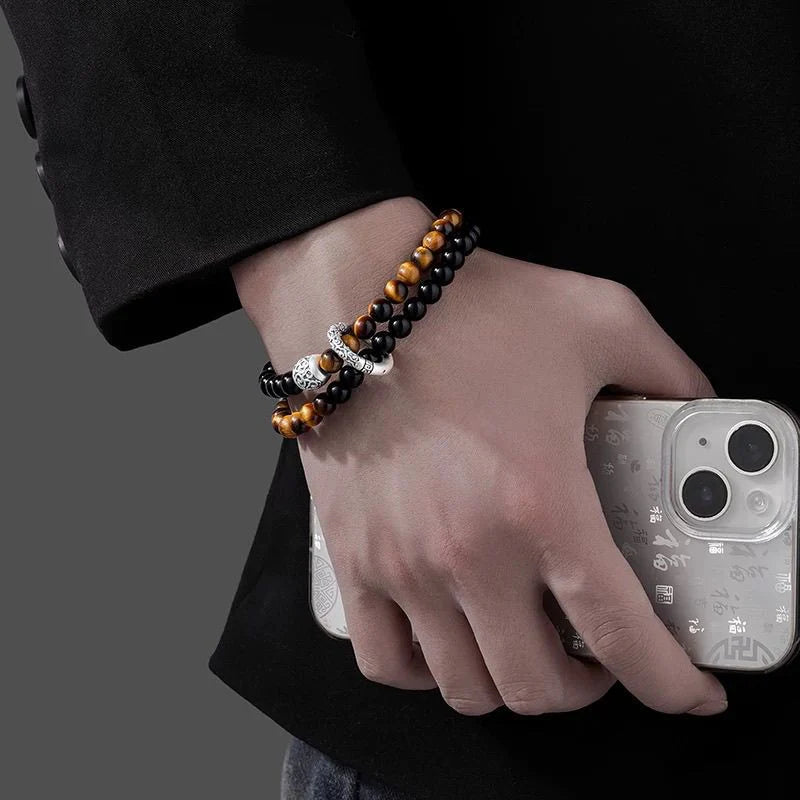 Dual Layer Protection Bracelet | Obsidian Tiger Eye Shield Defense Energy Guard