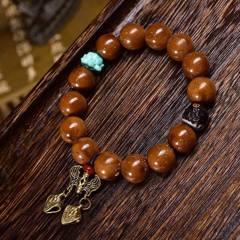 Purple Gold Rat Three Eye Bodhi Seed Bracelet | Angel Wings Happy Buddha Wisdom Guardian Spiritual Jewelry