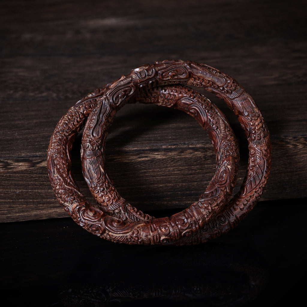 Thunderstruck Jujube Wood Twin Dragon Bangle | Qiankun Yin Yang Protection Taoist Energy Jewelry