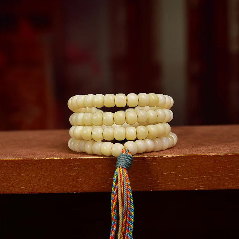 Tibetan Chicken Oil Yellow Camel Bone 108 Prayer Beads Bracelet | Turquoise Meditation Mala Vintage Jewelry