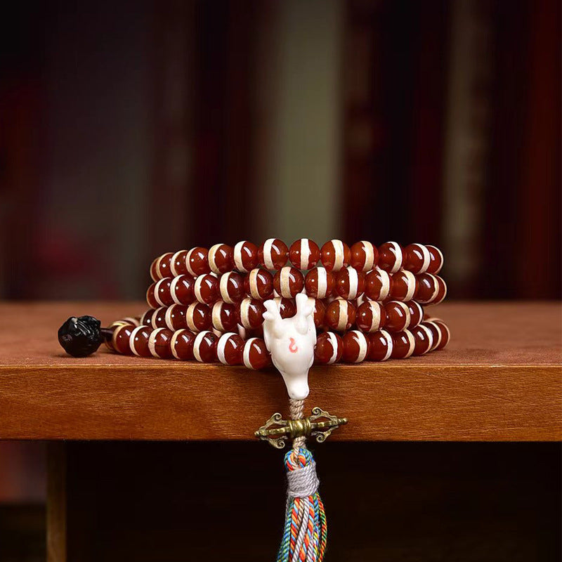 Tibetan Vintage Etched Agate 108 Prayer Beads Necklace | Ancient Meditation Mala Collector Jewelry