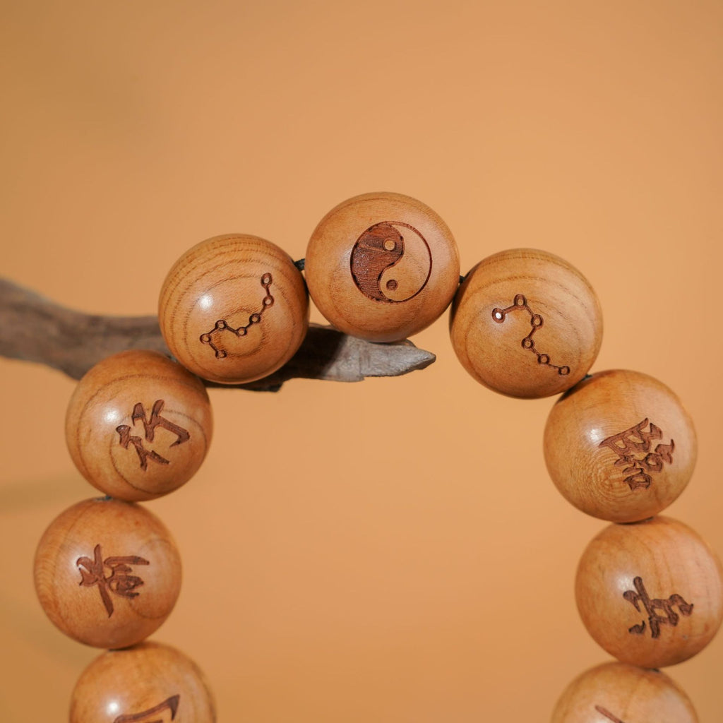 Nine Word Mantra Peach Wood Bracelet | Thunderstruck Warrior Protection Evil Banishing Taoist Prayer Beads