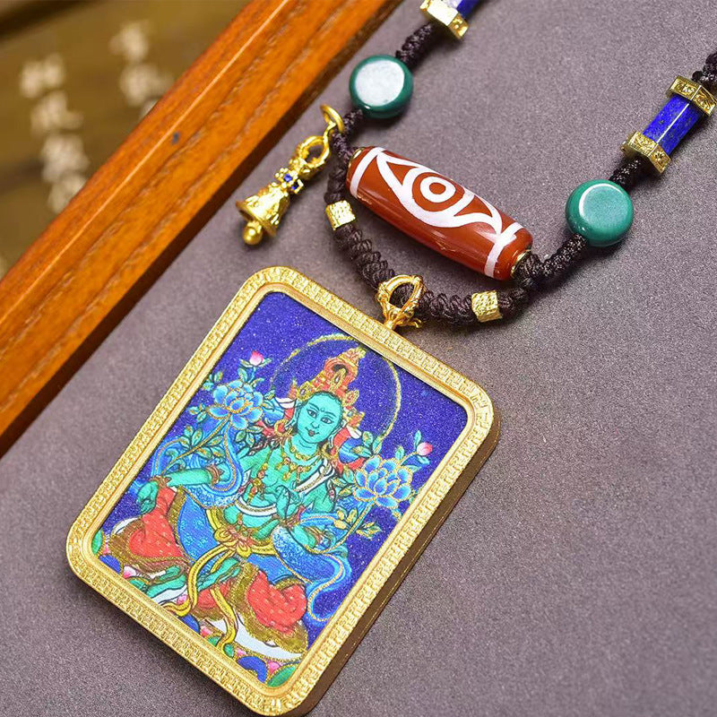 Tibetan Zodiac Guardian Green Tara Thangka Amulet | Dzi Turquoise Protection Bell Rabbit Dragon Snake Necklace