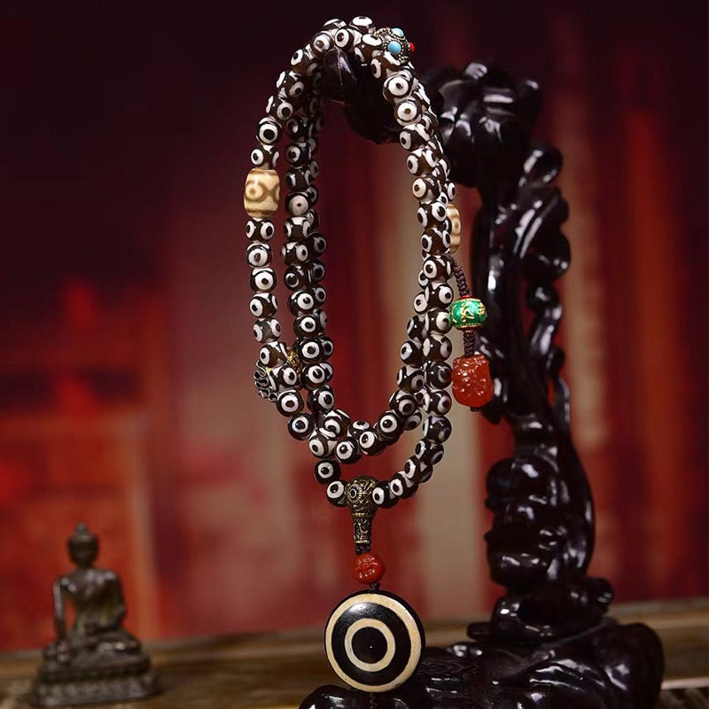 Tibetan Three-Eye Dzi 108 Prayer Beads Bracelet | Meditation Mala Agate Buddha Spiritual Jewelry