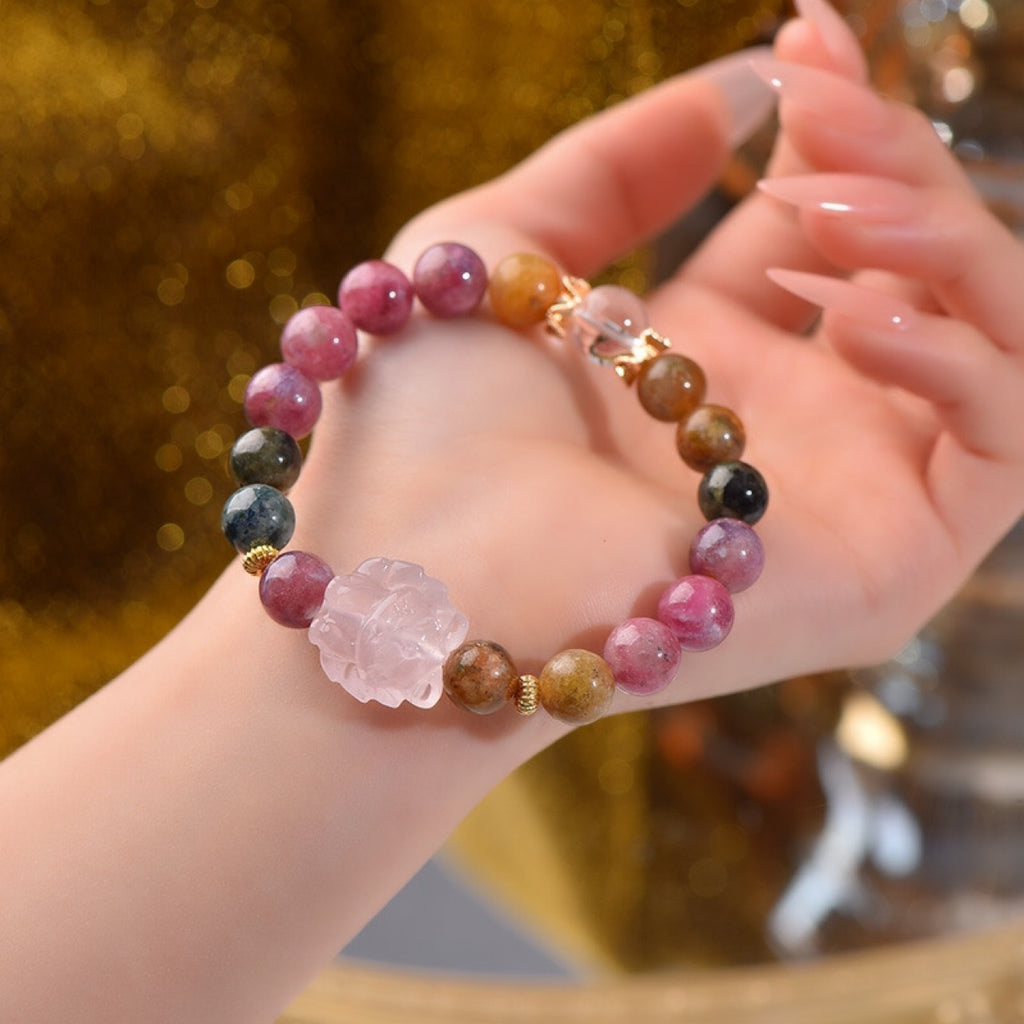Tourmaline Rose Quartz Bracelet | Rainbow Charm Attraction Fox Pendant Crystal Jewelry