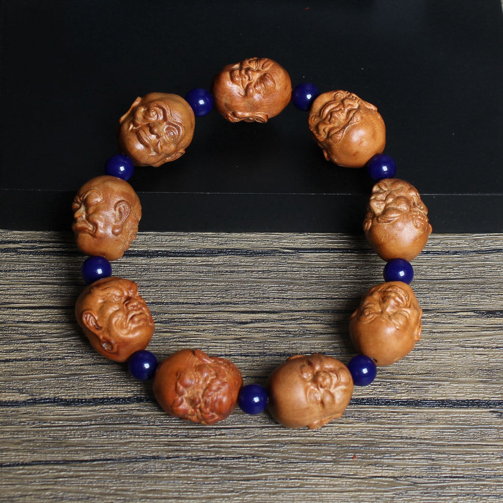Thunderstruck Jujube Wood Eighteen Figures Bracelet | Hand Carved Character Beads Lapis Lazuli Artistic Collectible
