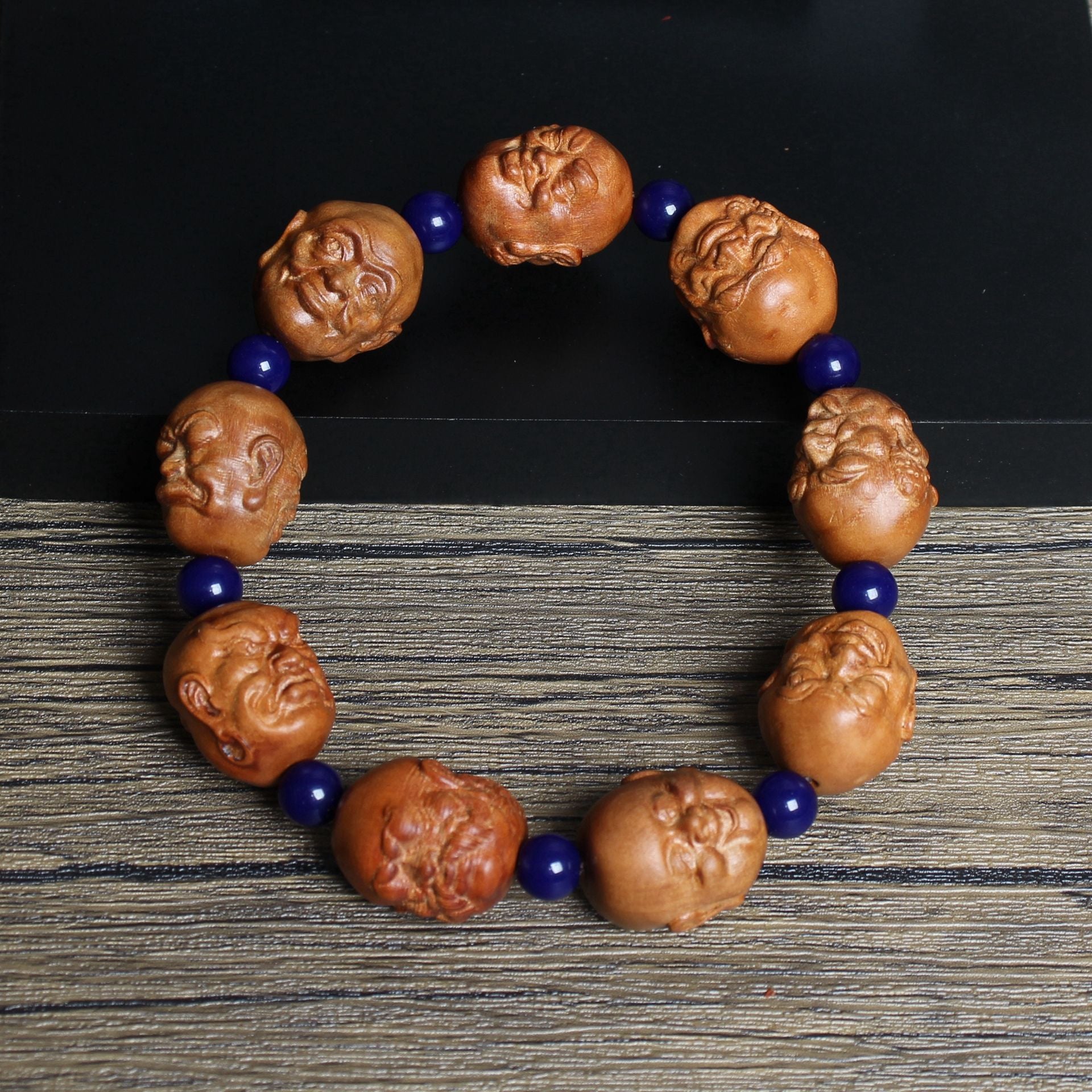 Thunderstruck Jujube Wood Eighteen Figures Bracelet | Hand Carved Character Beads Lapis Lazuli Artistic Collectible