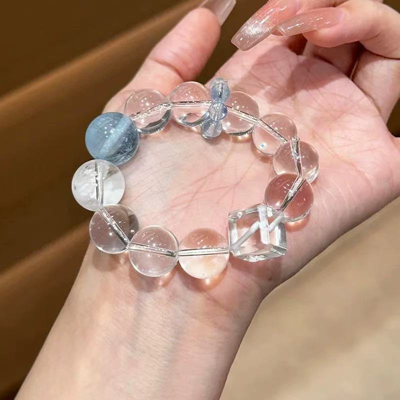 Aquamarine Clear Quartz Crystal Bracelet | Calming Tranquil Stress Relief Peaceful Jewelry