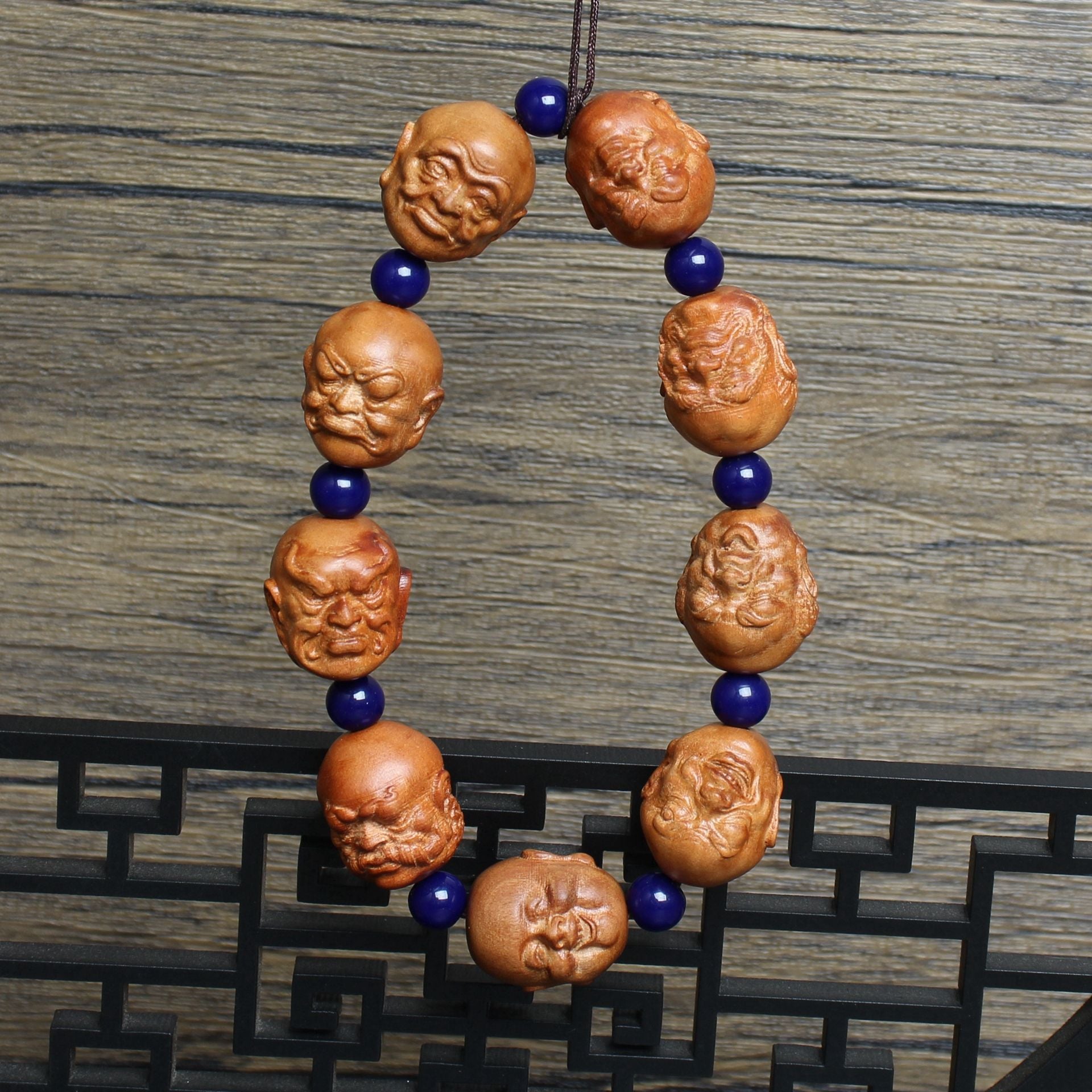 Thunderstruck Jujube Wood Eighteen Figures Bracelet | Hand Carved Character Beads Lapis Lazuli Artistic Collectible