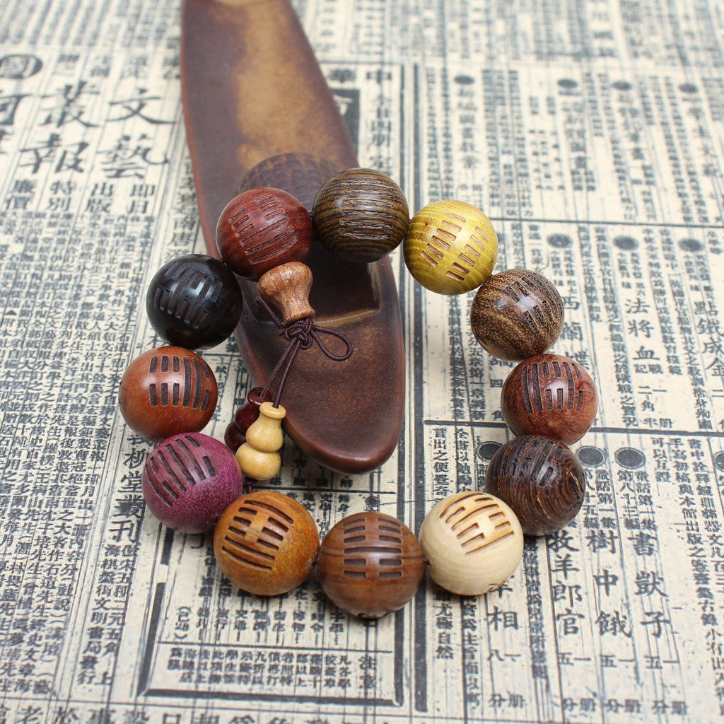Multi-Treasure 64 Hexagrams Bracelet | I Ching Wooden Bead 20mm Large Men's Fortune Divination Jewelry