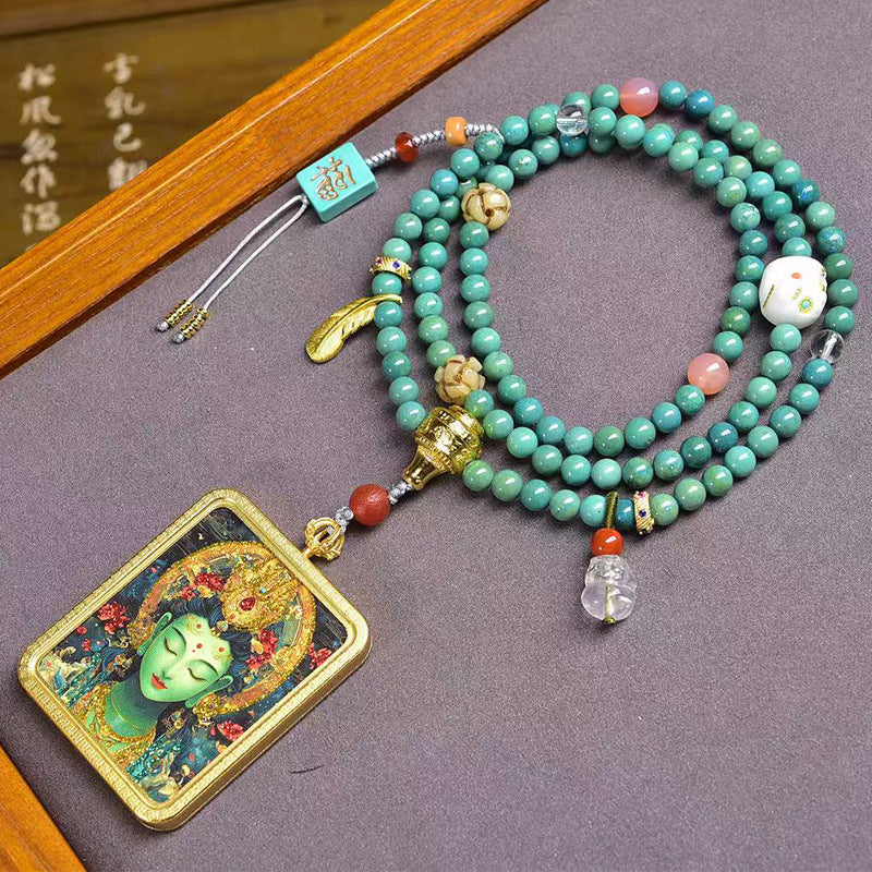 Tibetan Hand-Painted Green Tara Thangka Amulet | Women Protection Crystal Bone Bead Career Romance Blessing Necklace