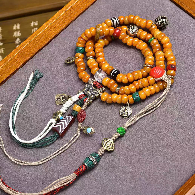 Tibetan Yak Bone 108 Barrel Beads Prayer Bracelet | Wealth Protection Fortune Meditation Mala Jewelry