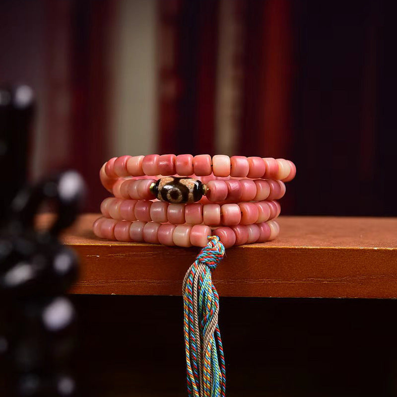 Tibetan Half-Blood Camel Bone 108 Barrel Beads Prayer Bracelet | Pink Meditation Mala Vintage Jewelry