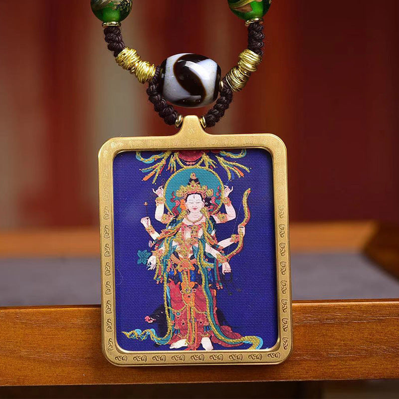 Tibetan Marici Deity Thangka Amulet | Dzi Bead Turquoise Travel Protection Safety Military Police Guardian Necklace