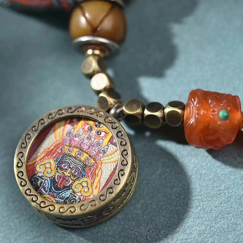 Carved Camel Bone Bracelet | Silver Inlay Thangka Agate Tibetan Art Collector Spiritual Jewelry