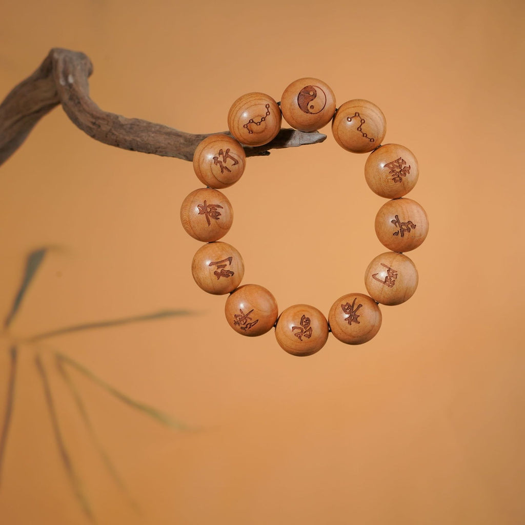 Nine Word Mantra Peach Wood Bracelet | Thunderstruck Warrior Protection Evil Banishing Taoist Prayer Beads