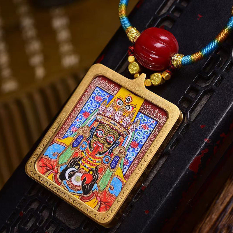 Tibetan Hand-Painted Dzambhala Thangka Amulet | Wealth Deity Agate Turquoise Career Prosperity Birth Year Necklace
