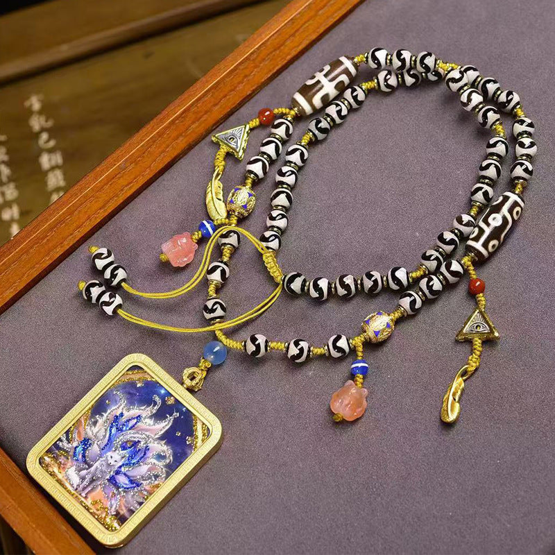 Tibetan Hand-Painted Nine-Tailed Fox Thangka Amulet | Love Wealth Attraction Agate Tiger Tooth Dzi Romance Necklace