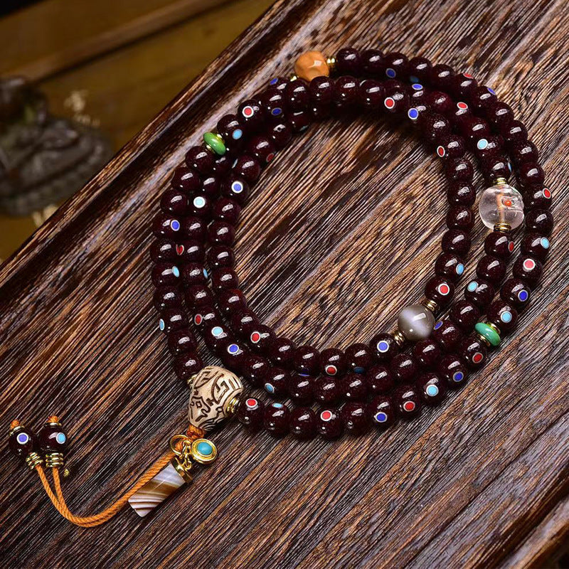 Star Moon Bodhi Cinnabar Inlay Bracelet | 108 Beads Multi Wrap Wisdom Practice Turquoise Crystal Mala