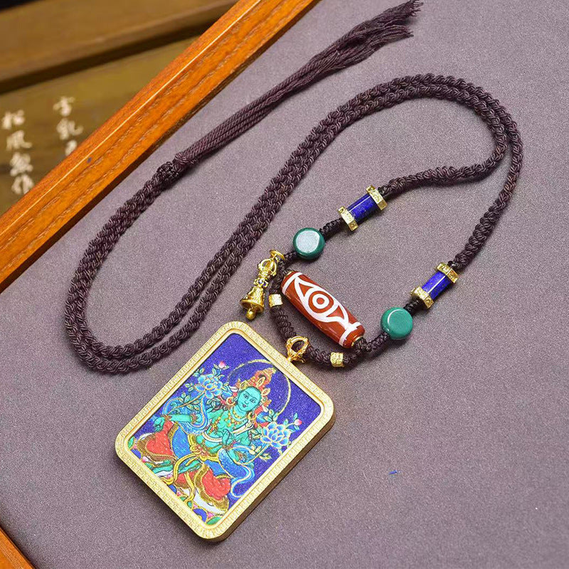 Tibetan Zodiac Guardian Green Tara Thangka Amulet | Dzi Turquoise Protection Bell Rabbit Dragon Snake Necklace