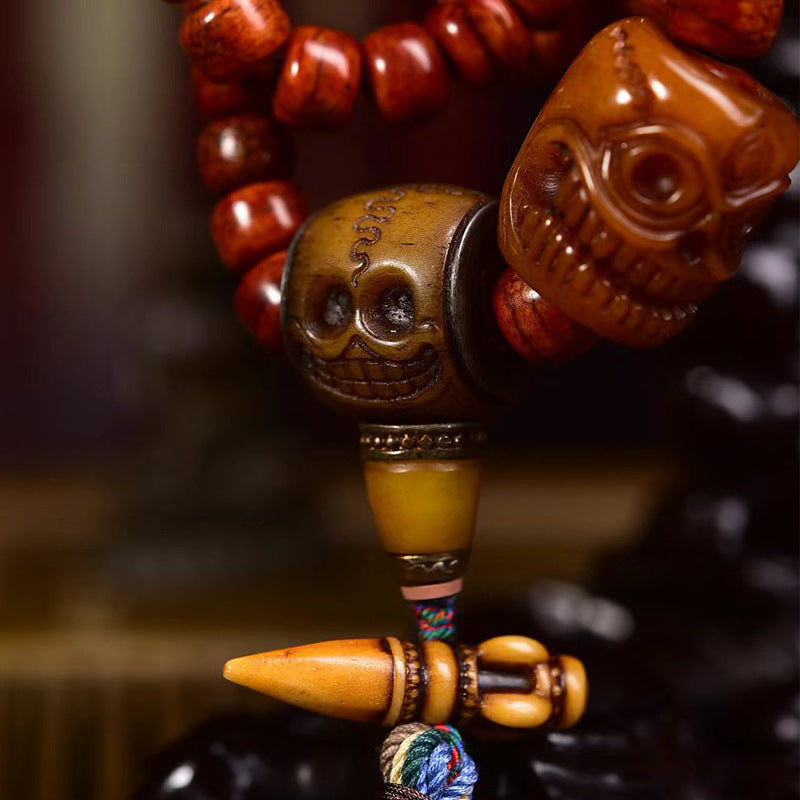 Tibetan Vintage Bone 108 Barrel Beads Prayer Bracelet | Skull Vajra Meditation Mala Spiritual Jewelry