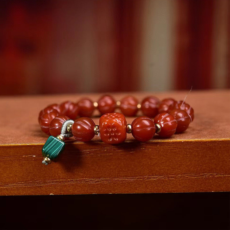Red Agate Melon Beads Bracelet | Malachite Prosperity Wealth Fortune Harvest Spiritual Jewelry