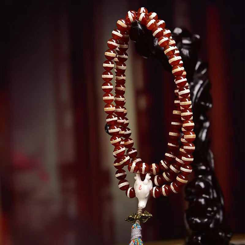 Tibetan Vintage Etched Agate 108 Prayer Beads Necklace | Ancient Meditation Mala Collector Jewelry
